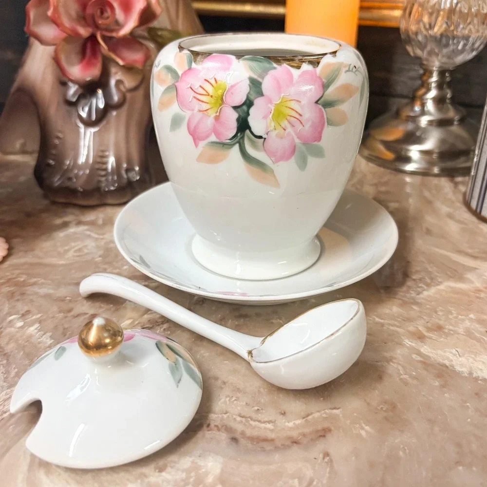 Vintage Noritake 1930's Hand Painted Jam Jar Spoon Underplate Japan Floral Set